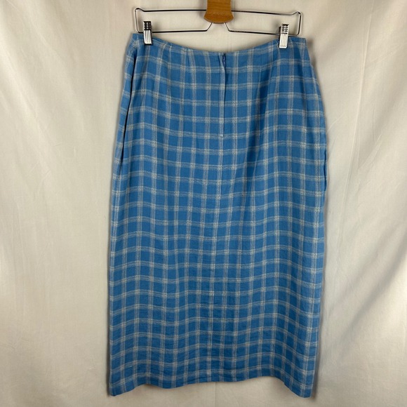 Talbots Petite 100% Irish Linen Blue Plaid Faux Wrap Maxi‎ Skirt Size 12 Vintage - Picture 6 of 9